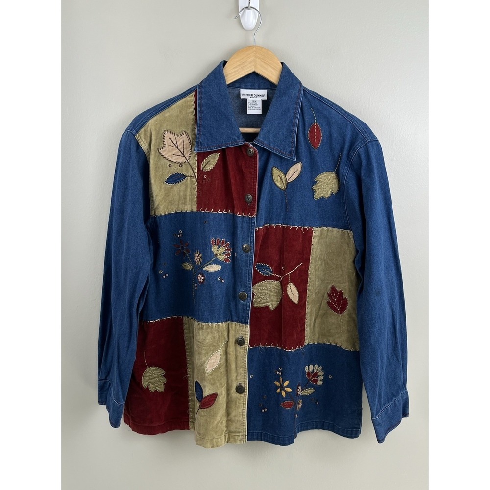 Alfred Dunner Vtg Patchwork Denim Button Up Autumn Leaf Shirt Embroidered Sz 18